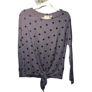 Sussan Dark Gray and Black Polka Dot Tie Front Long Sleeve Blouse, NWOT